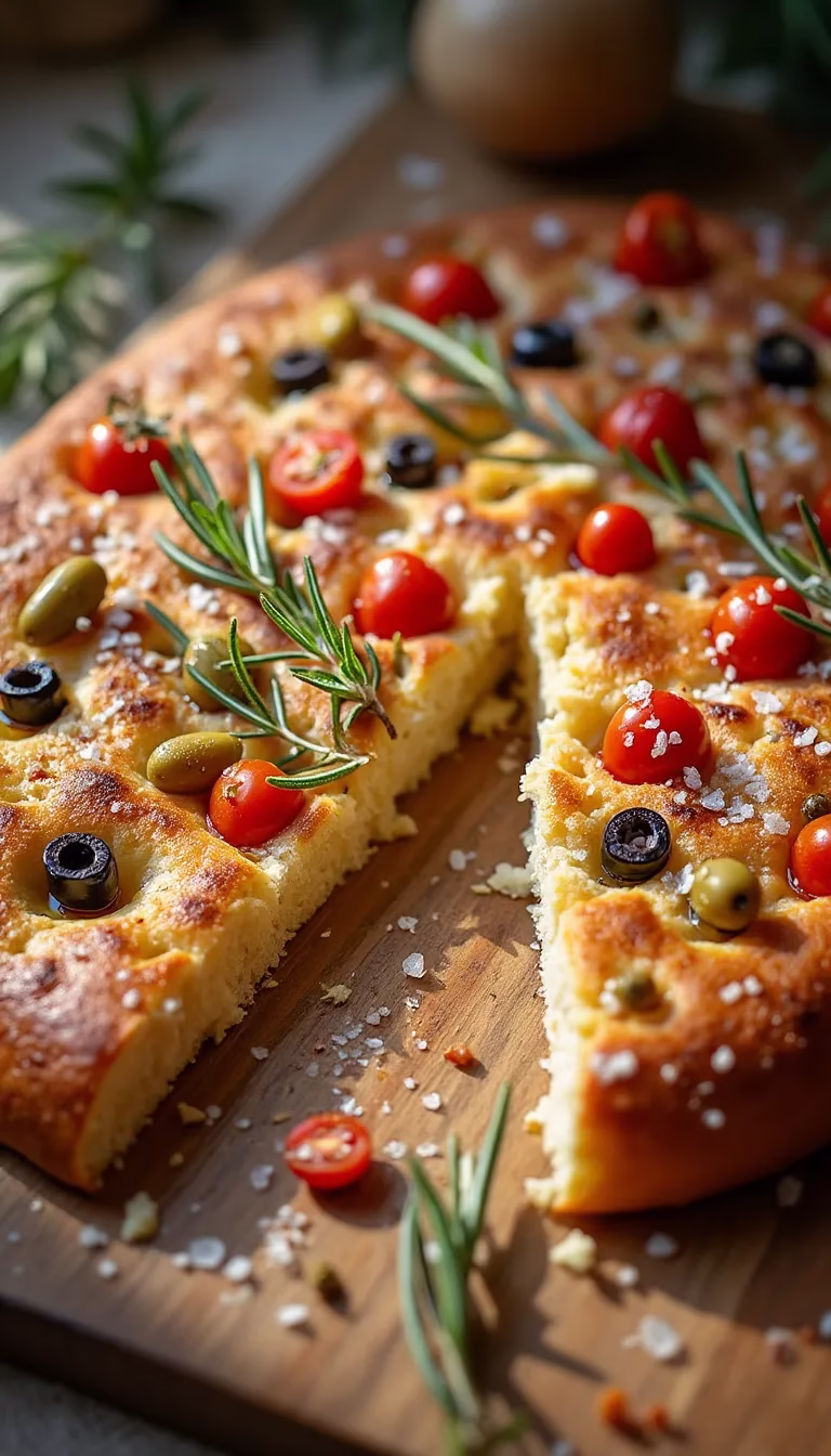 Gluten-free focaccia with tomatoes, rosemary, and olives.