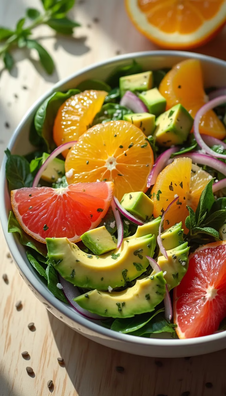 Sunshine Citrus Salad with poppy seed dressing in a white bowl.