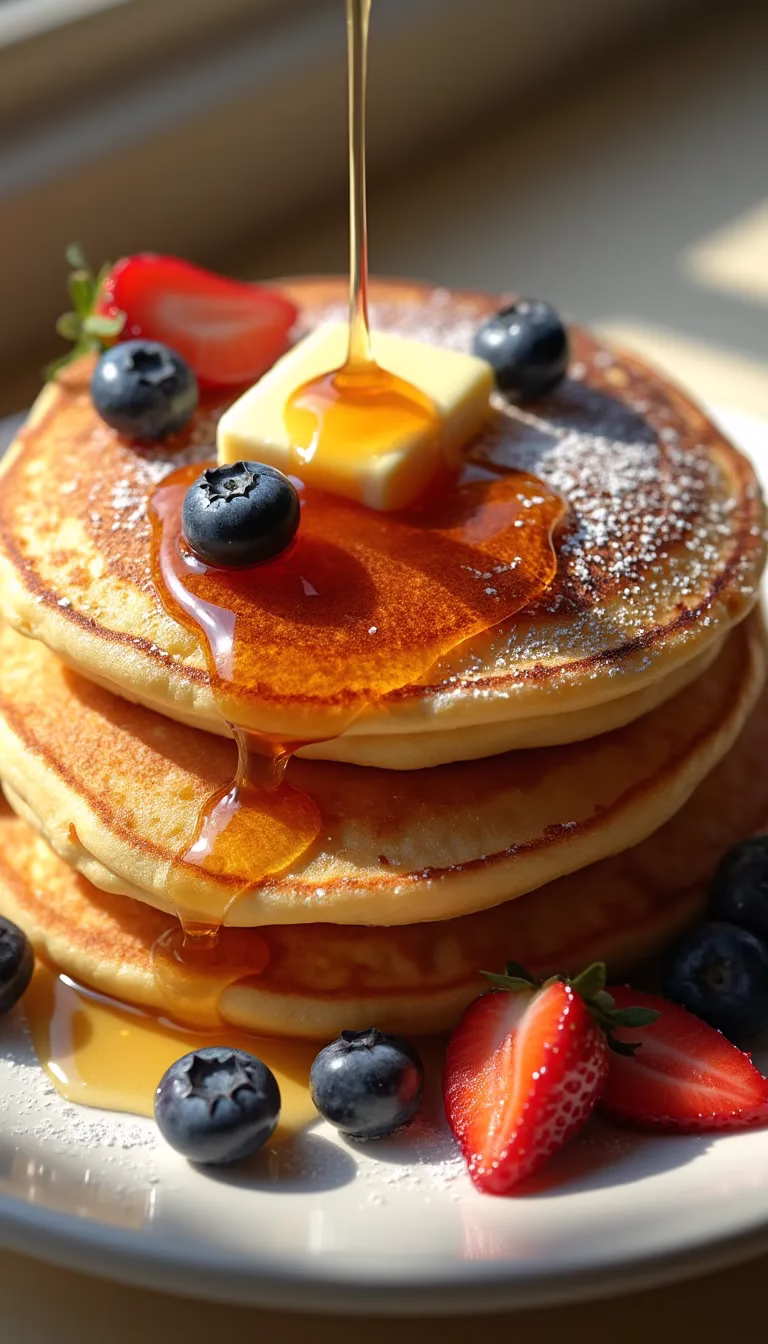 Gluten-free pancakes with berries and maple syrup.