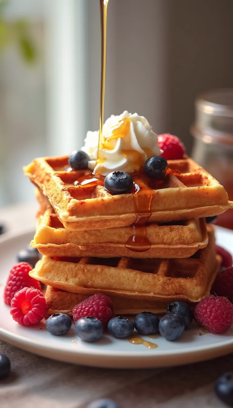 Golden-brown coconut flour waffles with syrup, berries, and whipped cream.
