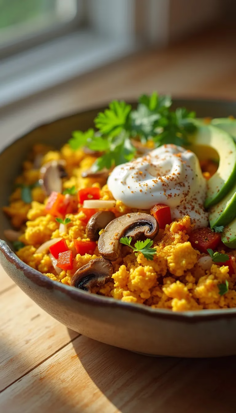 Gluten-free tofu scramble with avocado, cashew cream, and everything bagel seasoning.