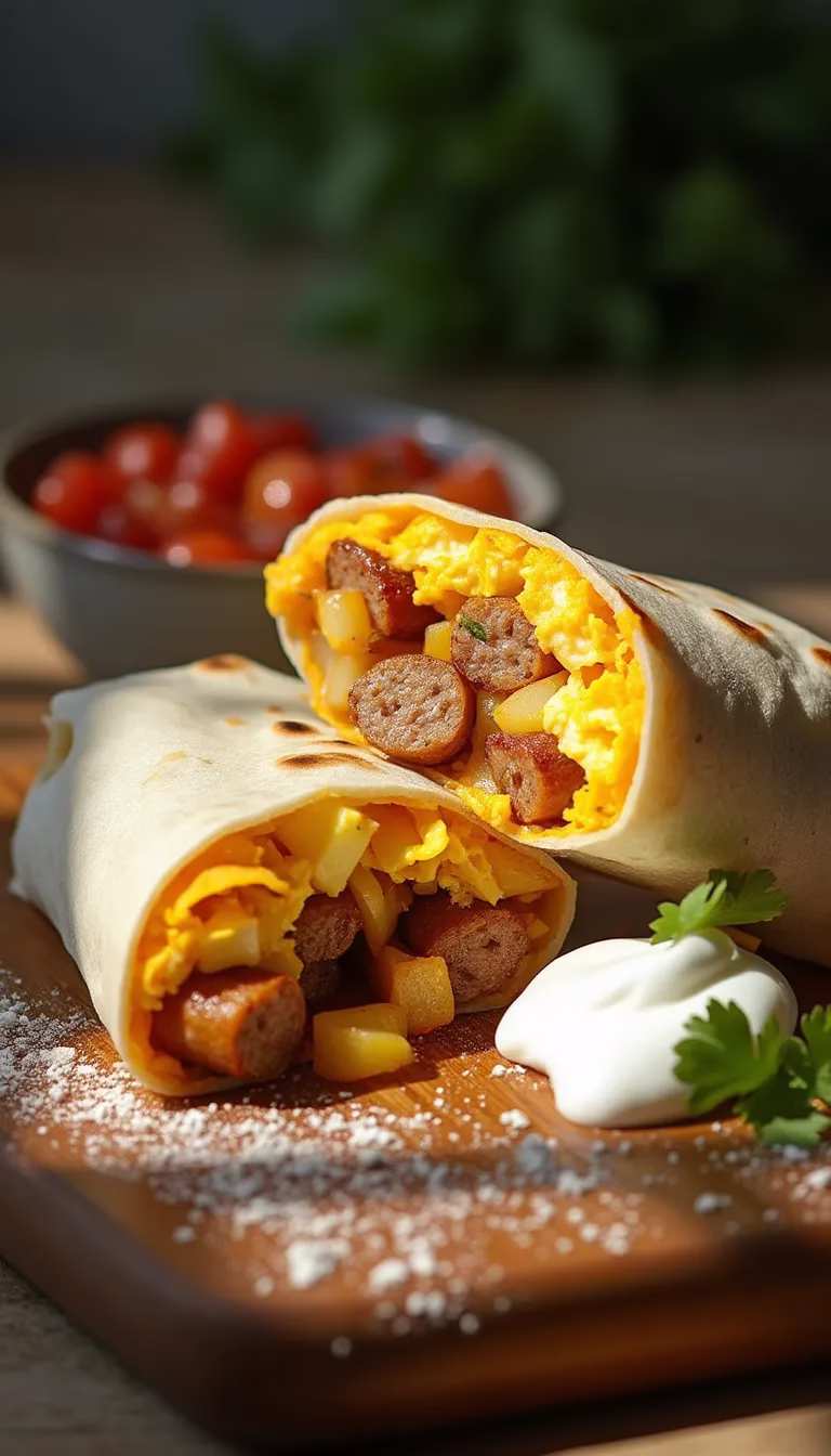 Gluten-free breakfast burrito with eggs, sausage, cheese, and veggies.