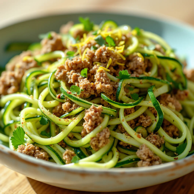 Close-up of zesty low carb turkey zoodles in a light bowl, garnished with parsley and lemon zest.