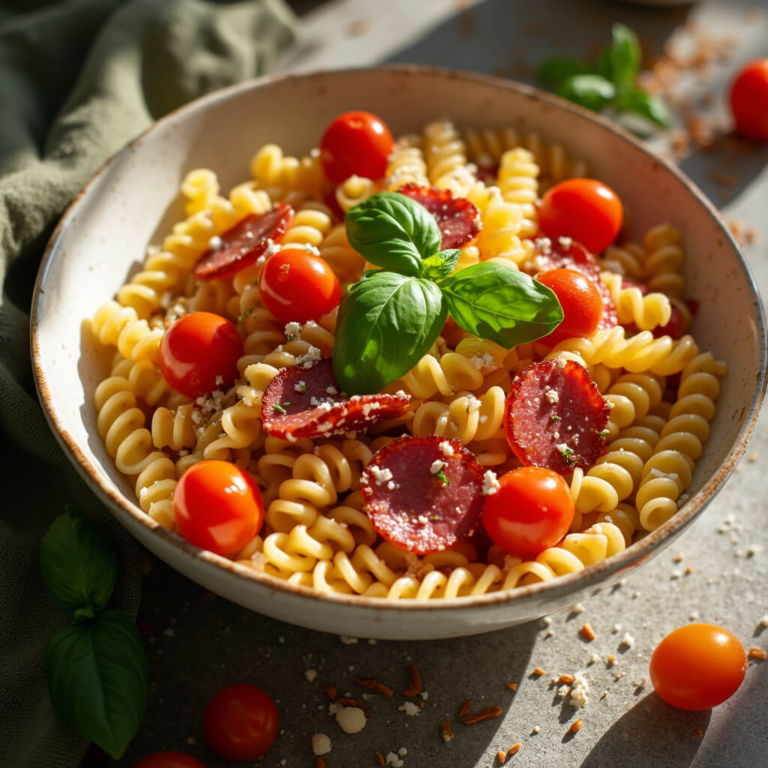 Appetizing bowl of gluten-free fusilli salami tomatoes pasta with fresh basil, overhead shot.