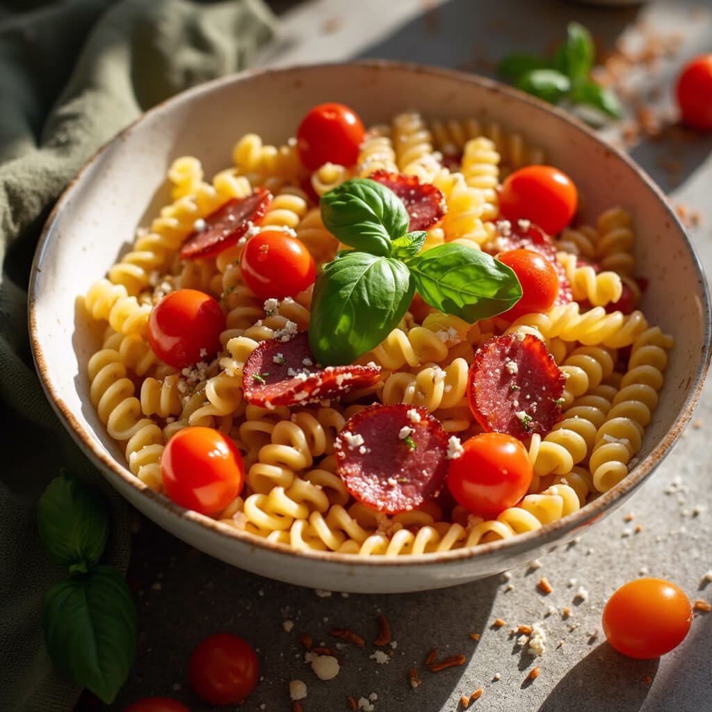 Appetizing bowl of gluten-free fusilli salami tomatoes pasta with fresh basil, overhead shot.
