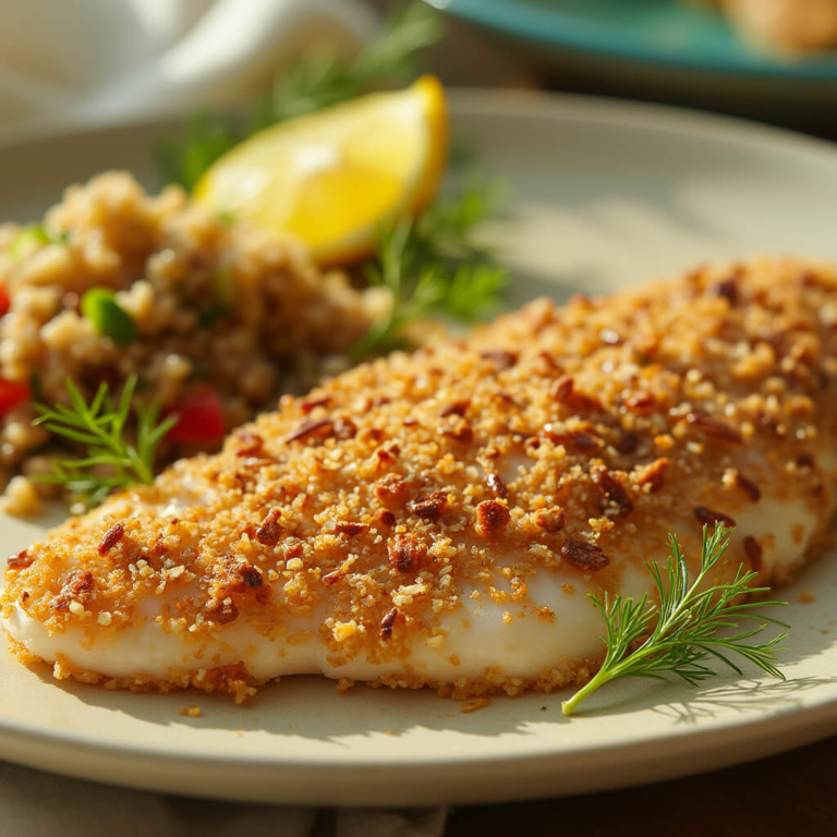 Crispy golden-brown pecan coconut crusted fish with vibrant quinoa salad, lemon, and dill.