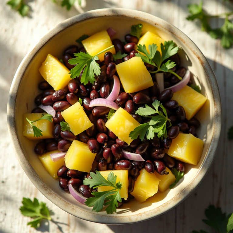 Vibrant black bean pineapple avocado salsa in a ceramic bowl, with black beans, pineapple, red onion, and cilantro.
