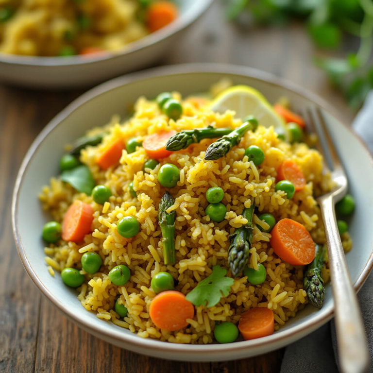 Curried Spring Veggie Pilau rice with fresh peas and asparagus in a bowl