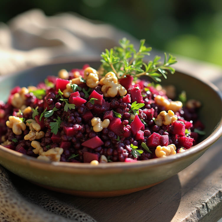 Vibrant lentil salad recipe with beetroot and walnuts