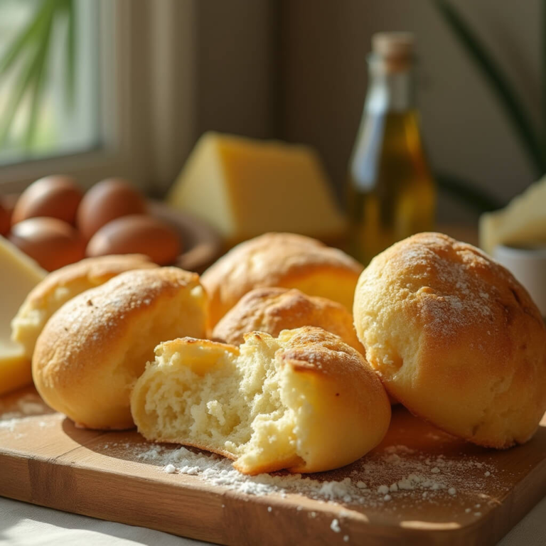 Golden pão de queijo recipe bread on a wooden board