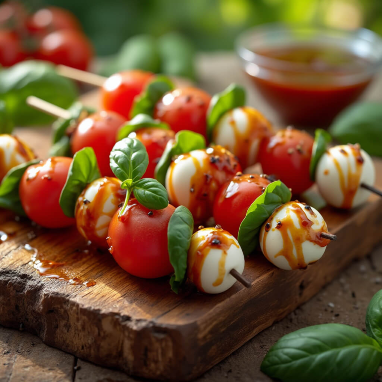 Fresh caprese skewers with balsamic glaze on wood board