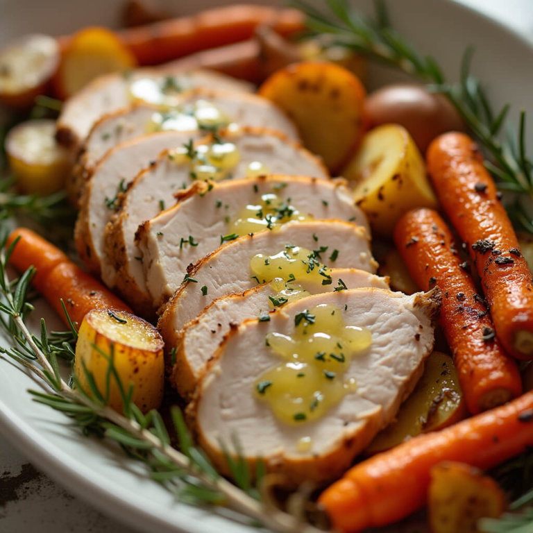 Close-up of herb roasted turkey and root vegetables.