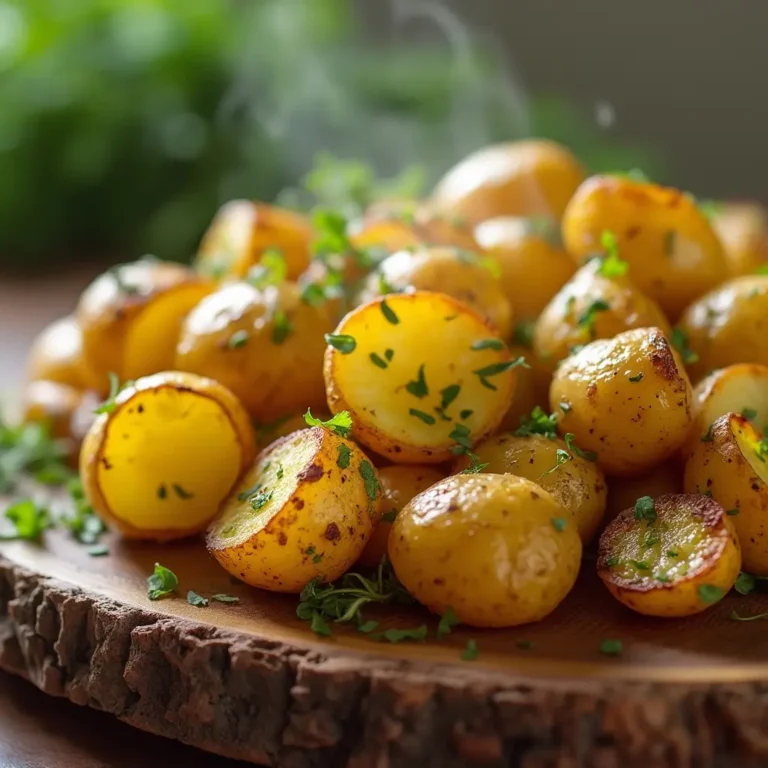 Golden garlic herb roasted potatoes on a wooden board
