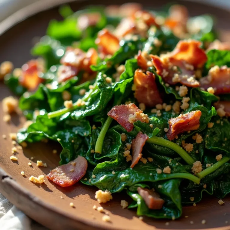 Brazilian collard greens with bacon and gluten-free breadcrumbs on a wooden plate