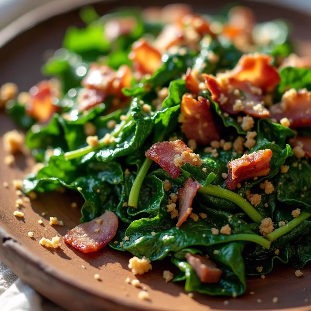 Brazilian collard greens with bacon and gluten-free breadcrumbs on a wooden plate
