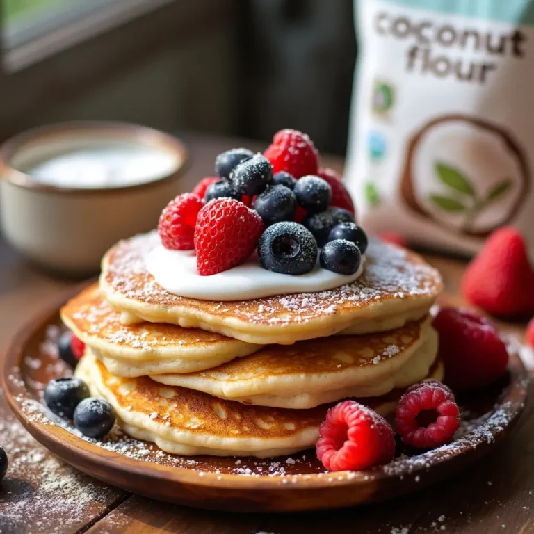Stack of coconut flour pancakes with berries and coconut yogurt