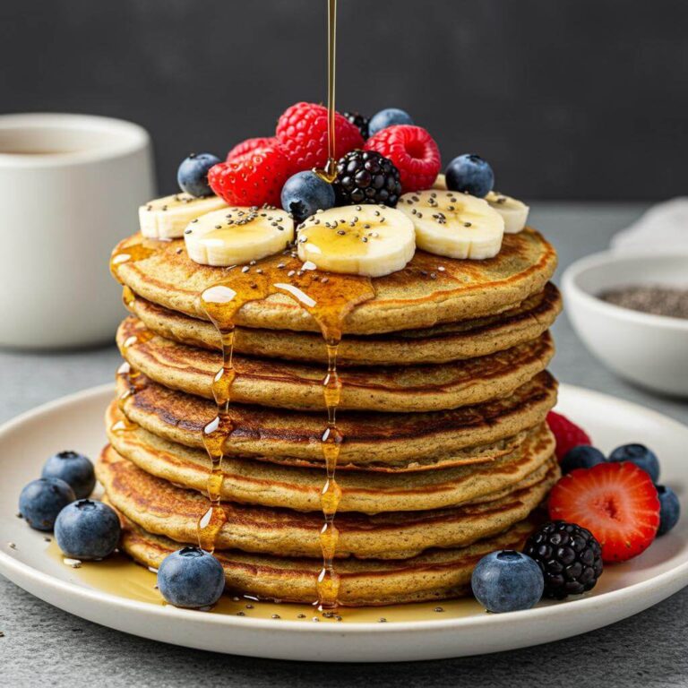 Stack of gluten-free pancakes with berries and syrup