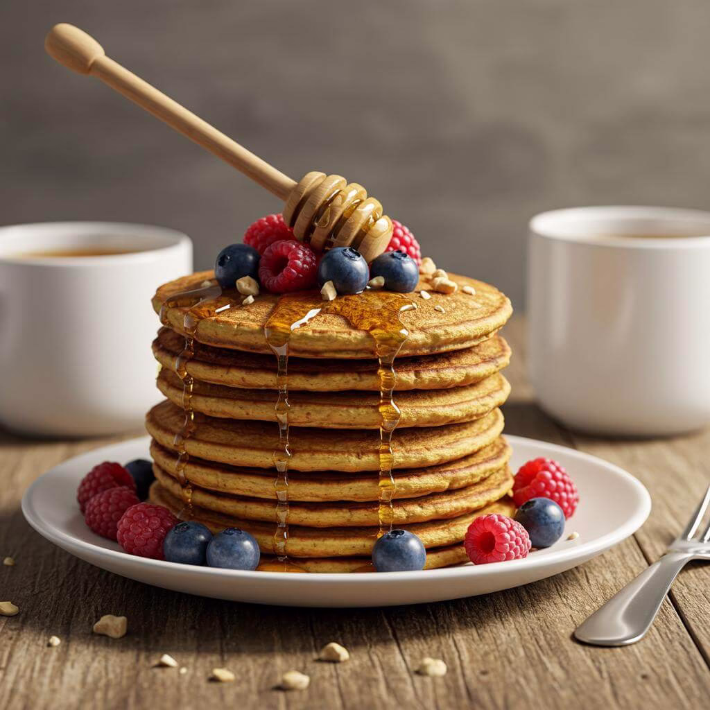 Golden gluten-free pancakes with honey and berries