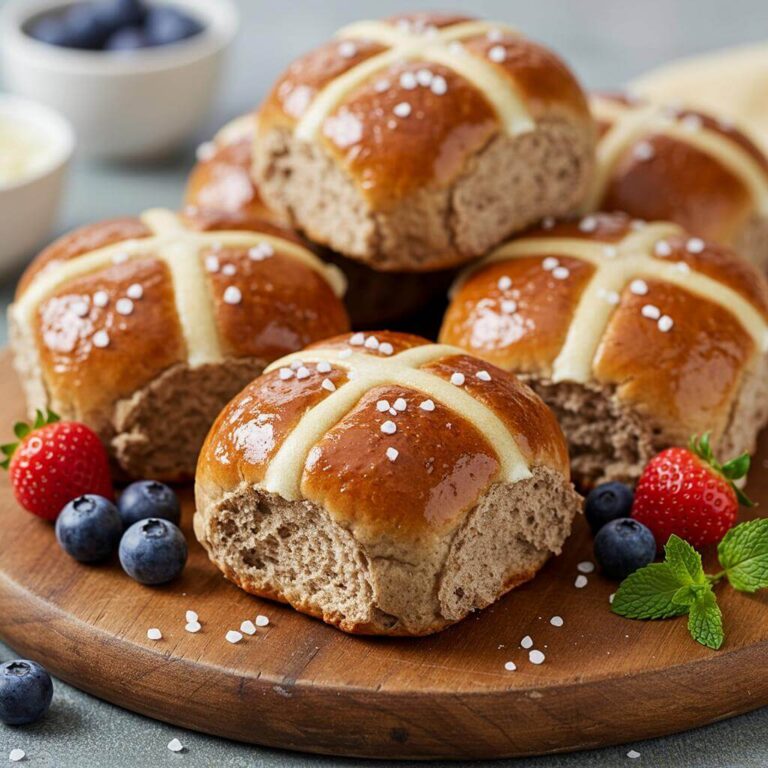 Golden brown gluten free hot cross buns on wooden board