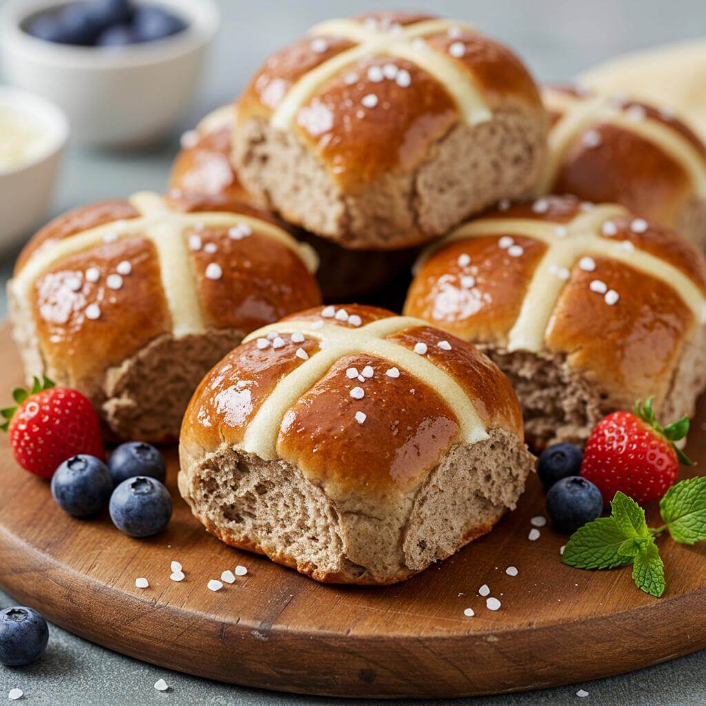 Golden brown gluten free hot cross buns on wooden board