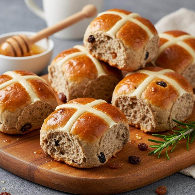 Fresh gluten free hot cross buns on a wooden board