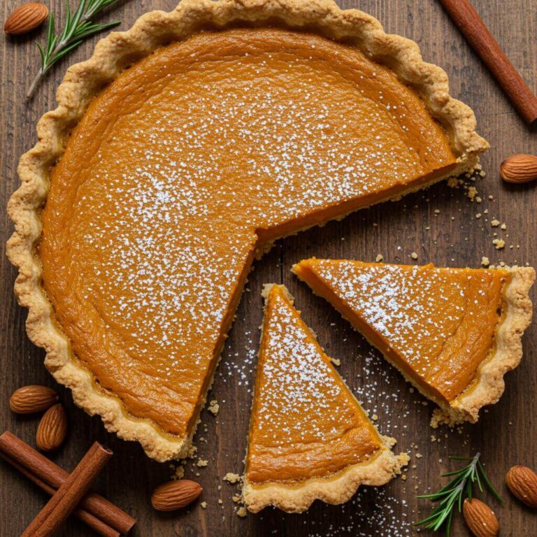Almond flour pumpkin pie with cinnamon and rosemary