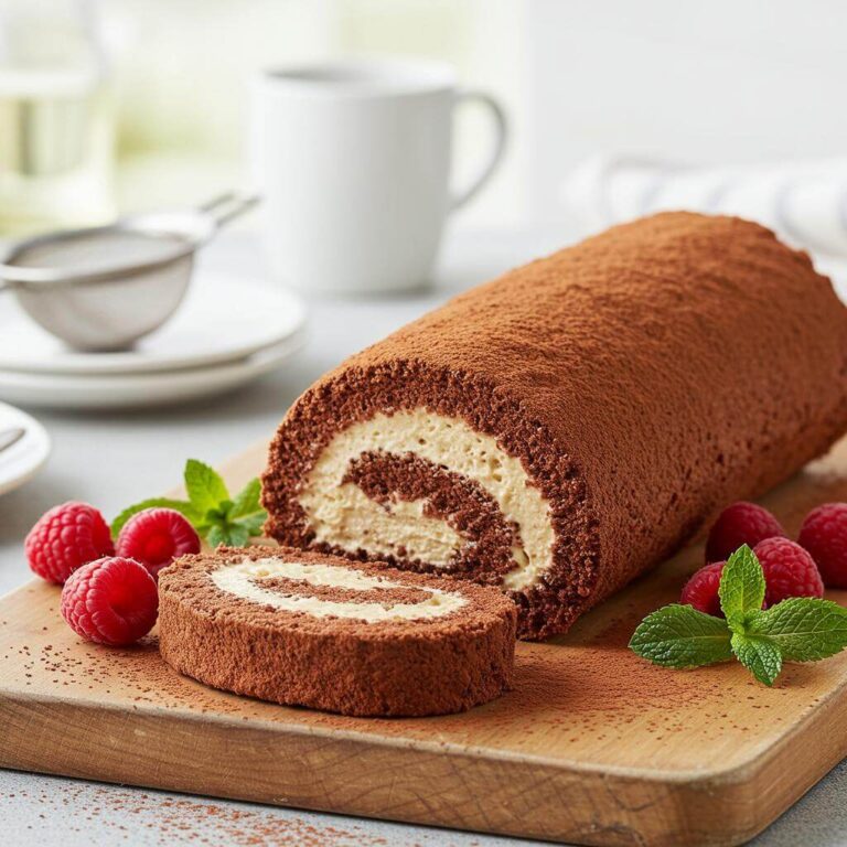 Chocolate espresso roulade with cream and raspberries