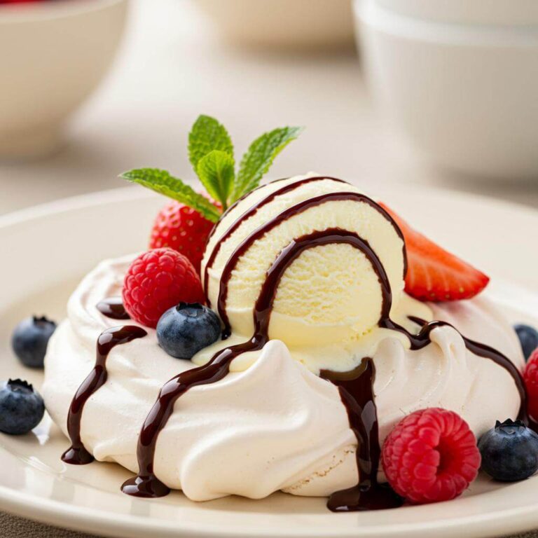 Gluten-free meringue tower with berries and ice cream