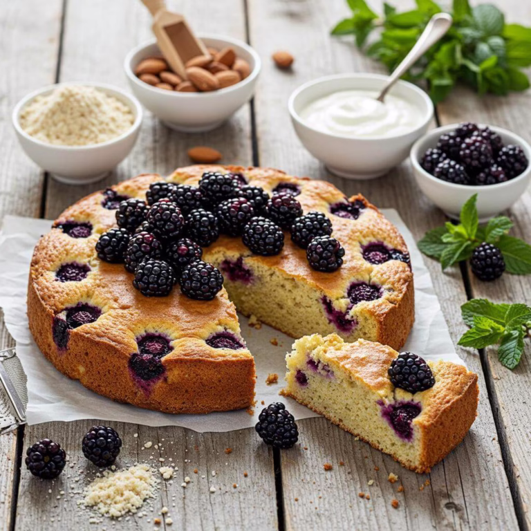Gluten free blackberry cake with yogurt and fresh berries