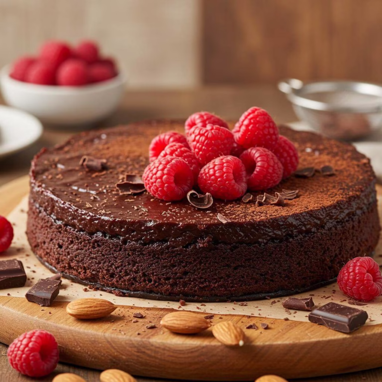 Flourless chocolate fudge cake with raspberries