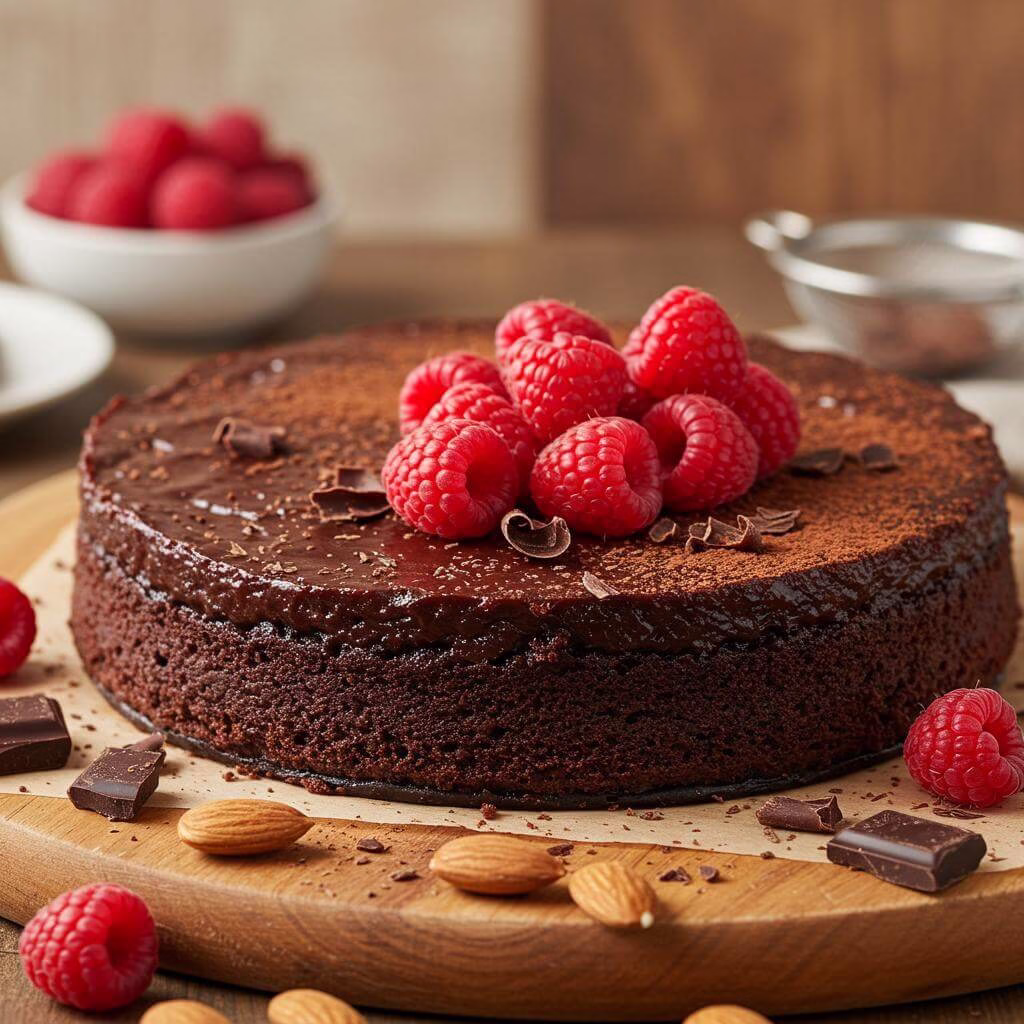 Flourless chocolate fudge cake with raspberries