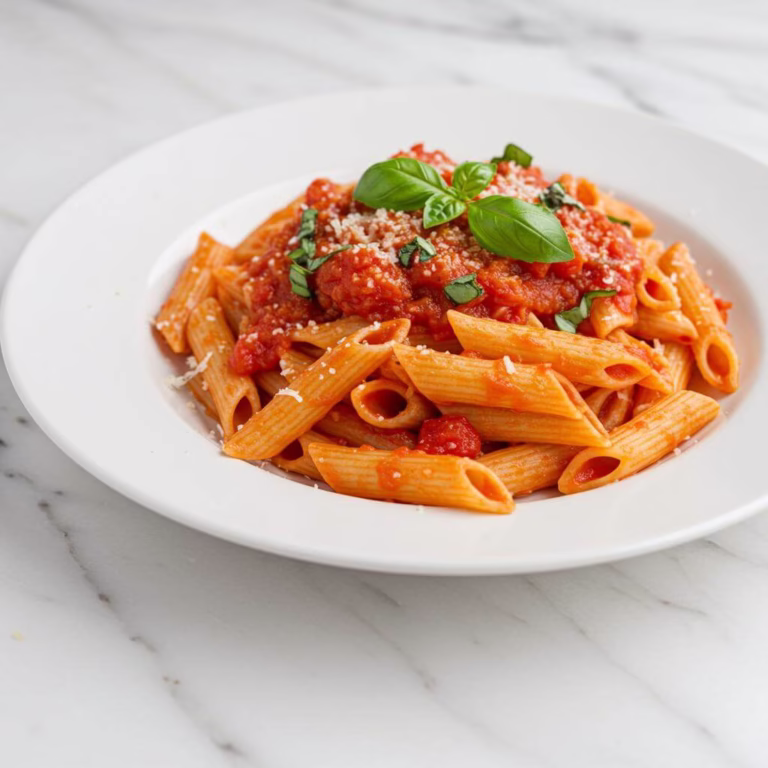 Gluten free pasta recipe with tomato sauce and basil