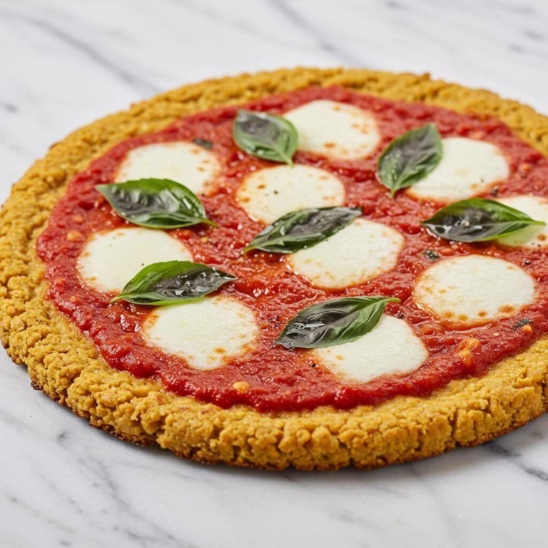 Chickpea pizza crust topped with tomato sauce and basil