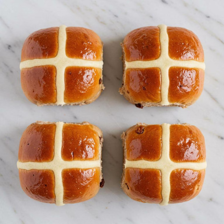 Golden gluten free hot cross buns on marble