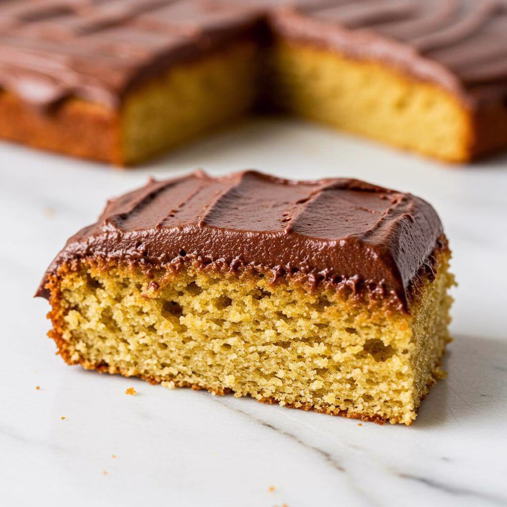 Slice of decadent gluten-free sheet cake with chocolate frosting