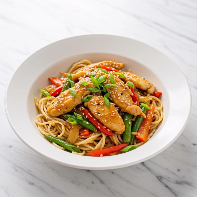 Gluten-free chicken stir fry noodles with scallions
