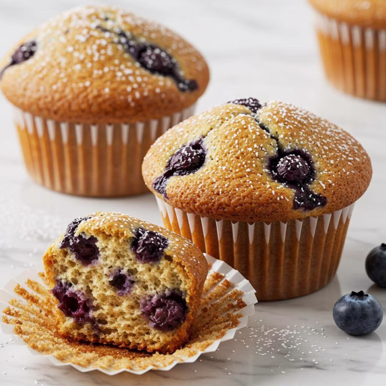 Three blueberry gluten free muffins on a marble surface