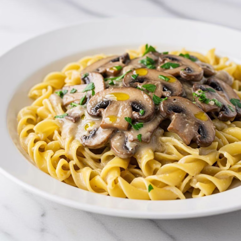 Creamy vegan mushroom stroganoff in white bowl