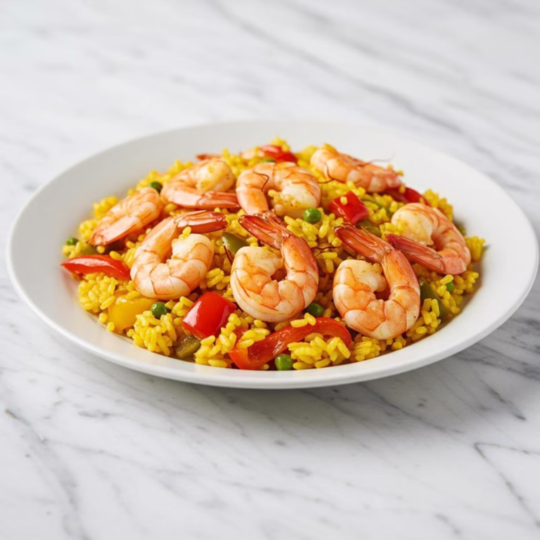 Golden gluten free paella with shrimp and vegetables