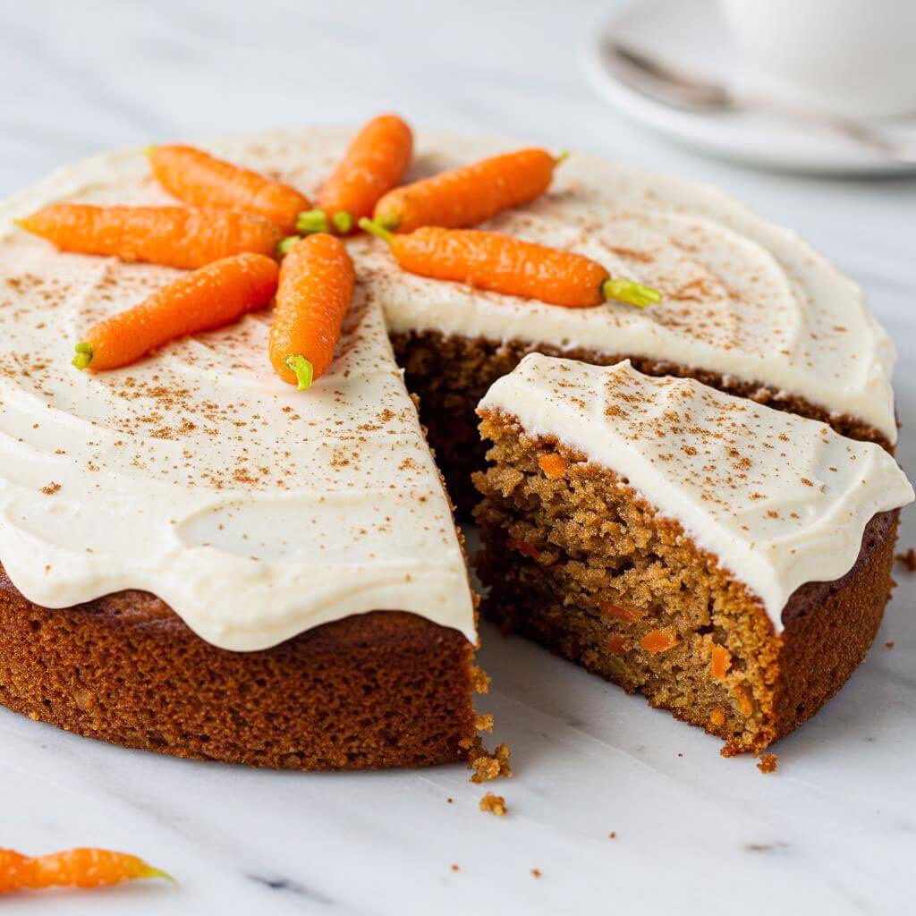 Gluten free carrot cake with cream cheese frosting and candied carrots
