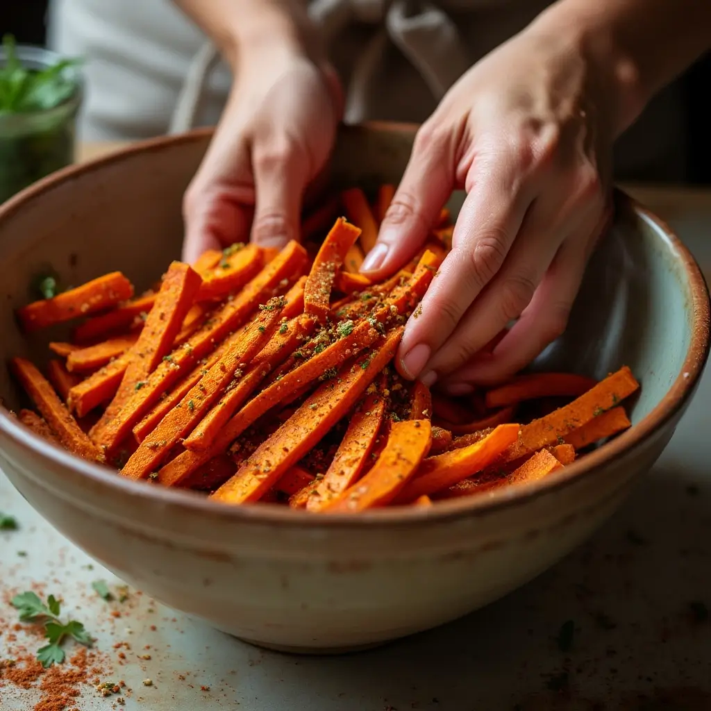 Tossing baked sweet potato fries with seasoning