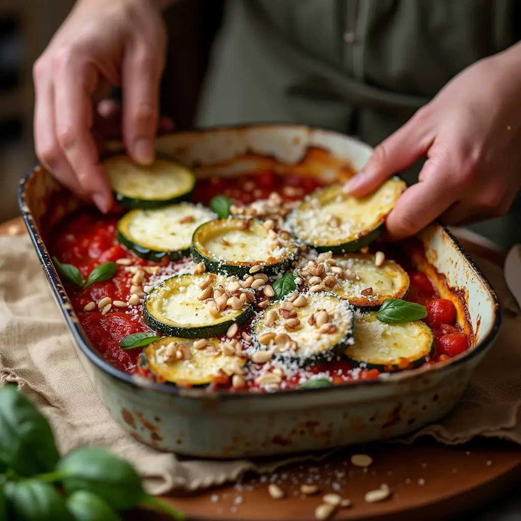 Hands layering ingredients for a courgette bake