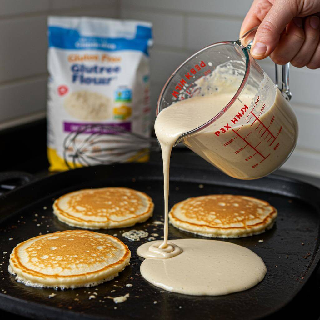 Pouring gluten-free pancakes batter on griddle