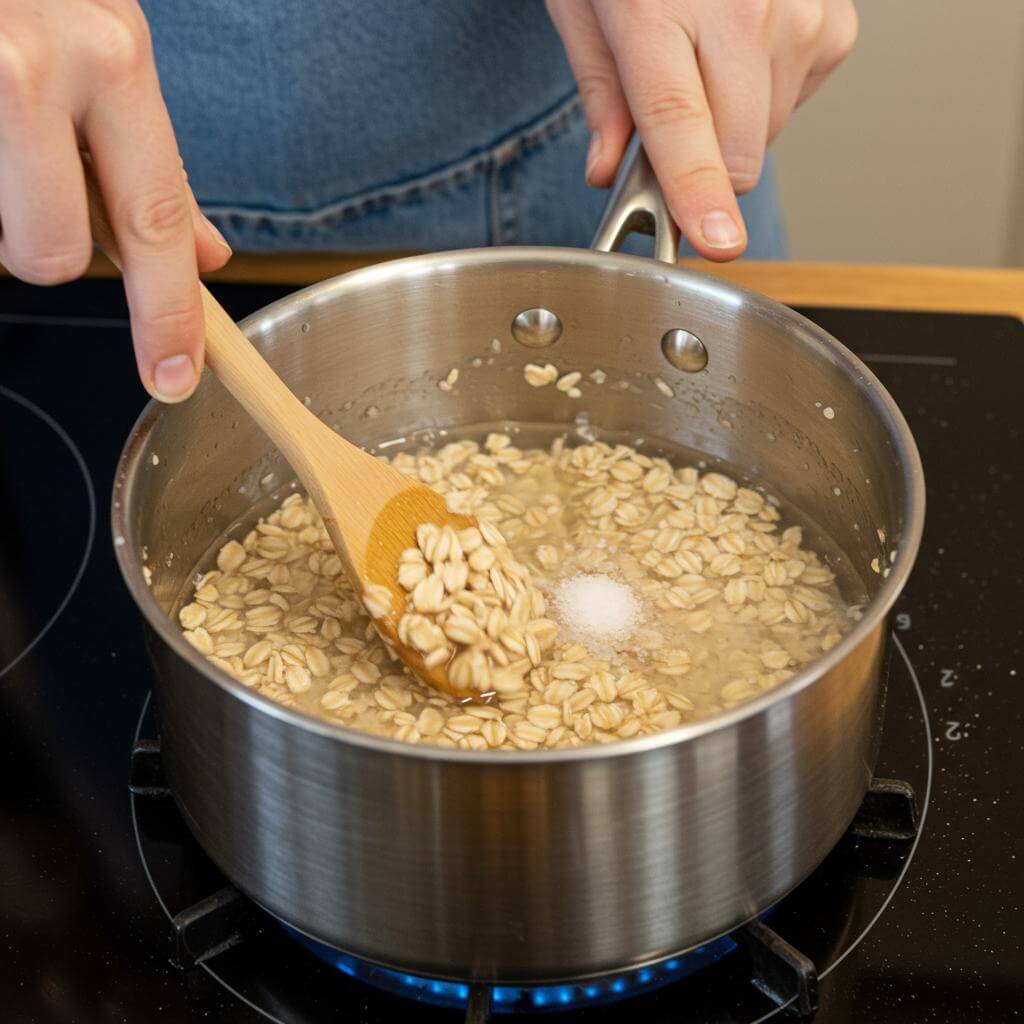 Preparing homemade oatmeal with rolled oats
