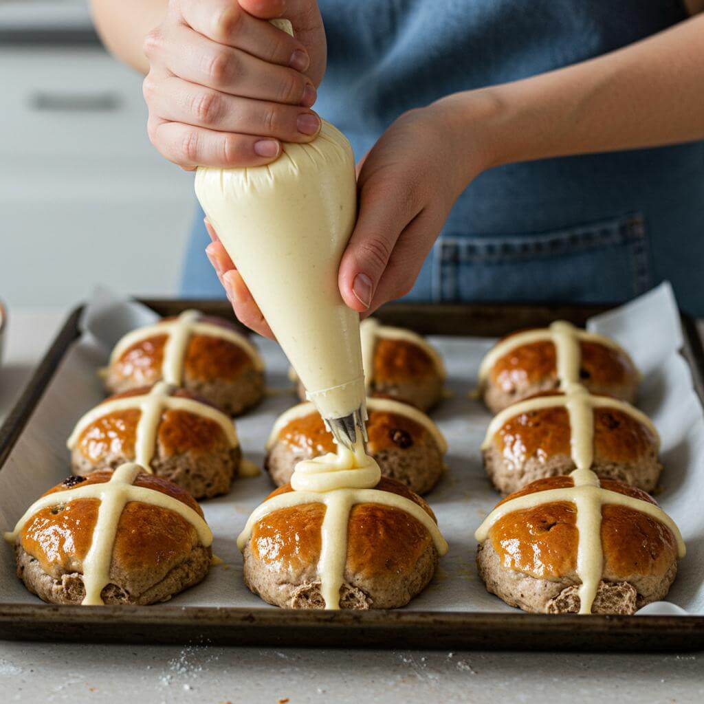 Piping crosses on gluten free hot cross buns
