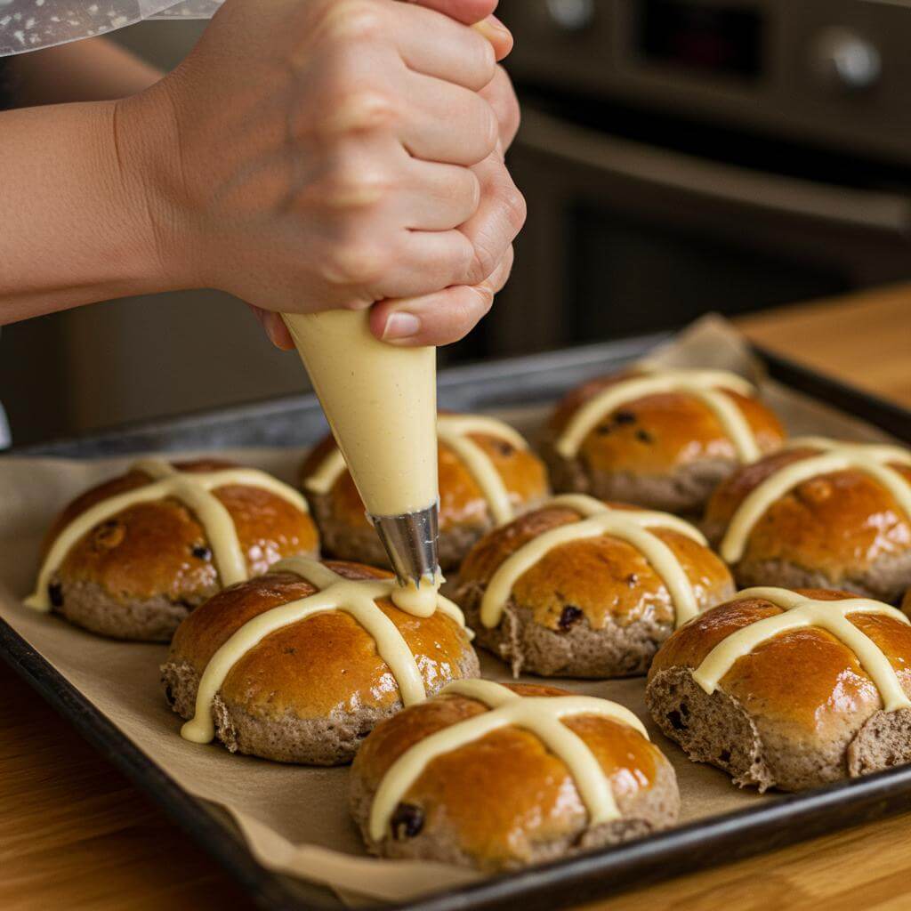 Piping cross mixture onto gluten free hot cross buns