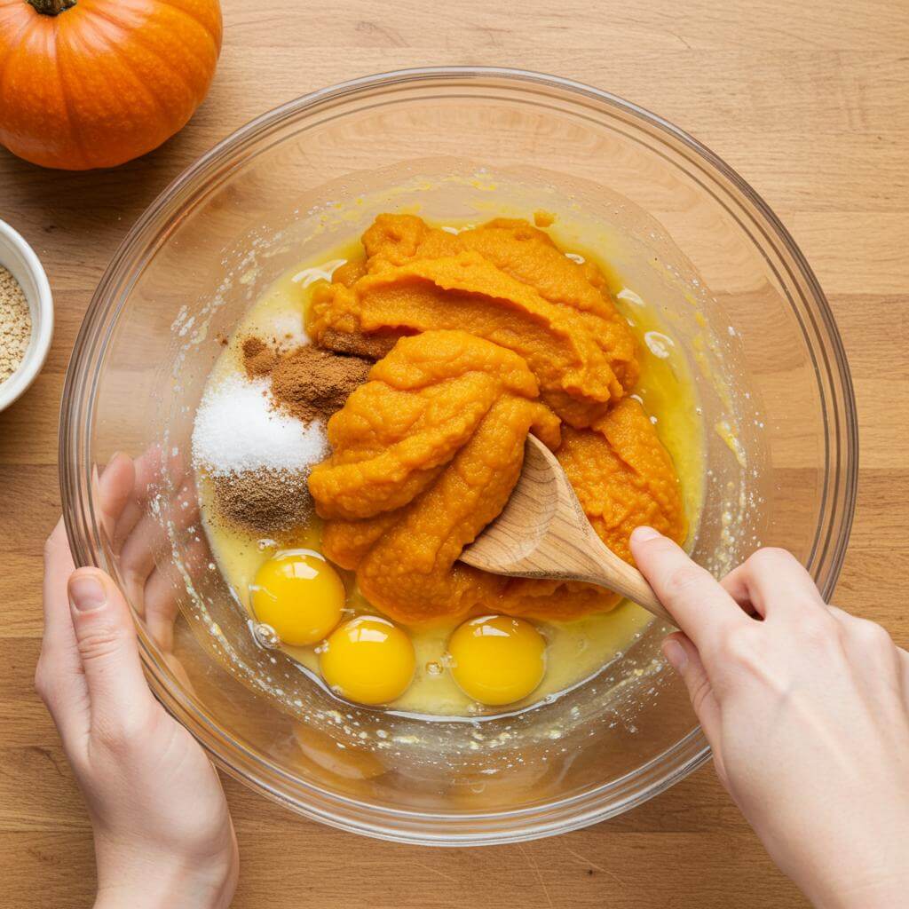 Pumpkin pie filling ingredients being mixed