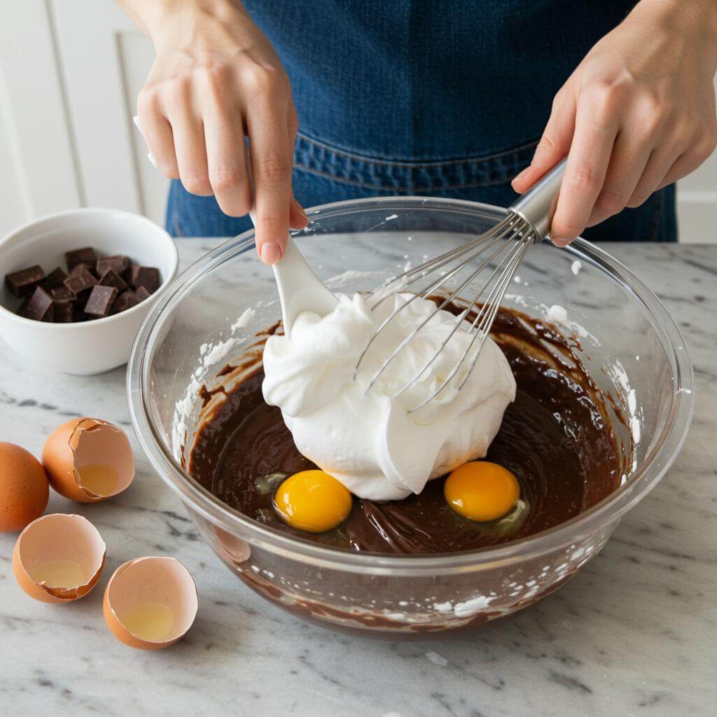 Folding egg whites into chocolate mixture for chocolate espresso roulade