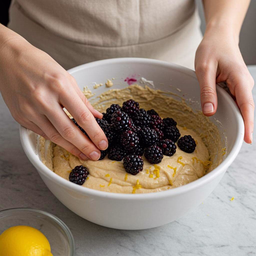 Folding blackberries into gluten free blackberry cake batter