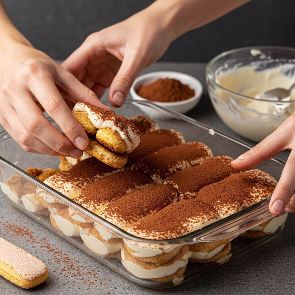 Hands layering gluten free tiramisu ingredients